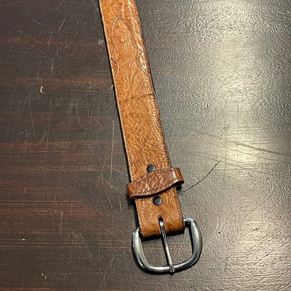 Baskin's Tan Bull Hide Leather Western Belt Silver Buckle Size 30 62720